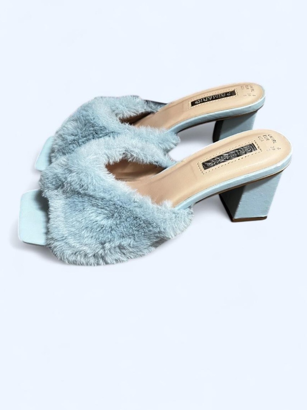 Primark Baby Blue Faux Fur Block Heel Mules Size 8